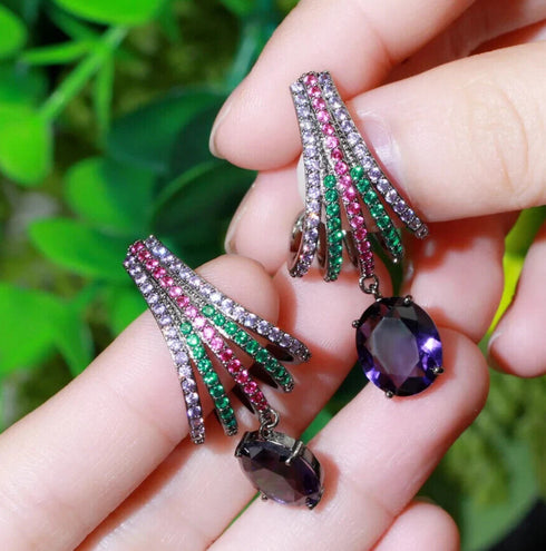 Rhodium Plated Black Purple Cubic Zirconia Oval Chandelier Dangle Drop Earrings